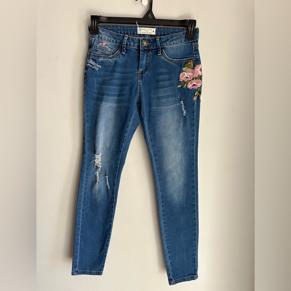 Angel Kiss Skinny Jeans Boho Floral Embroidered Distressed Blue Women’s Sz 5